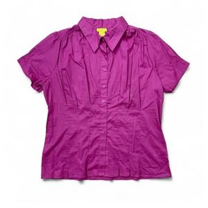 NEW‎ Mango Isle Purple Pink Poplin Button Up Collared Pleated Blouse Top Large